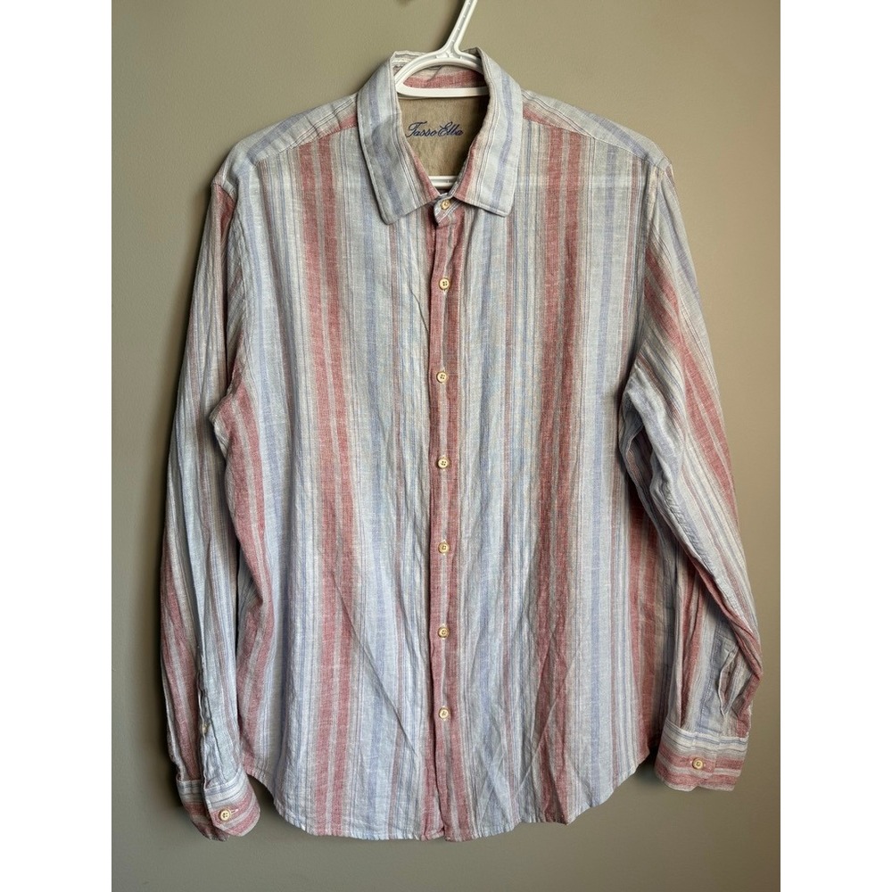 Tasso Elba Linen Blend Striped‎ Button Down Shirt M Mens Coastal Nautical Resort